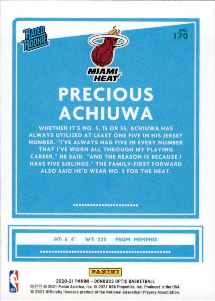 2020-21 Panini Donruss Optic Basketball - Base - Rated Rookie #170 Precious Achiuwa - Miama Heat