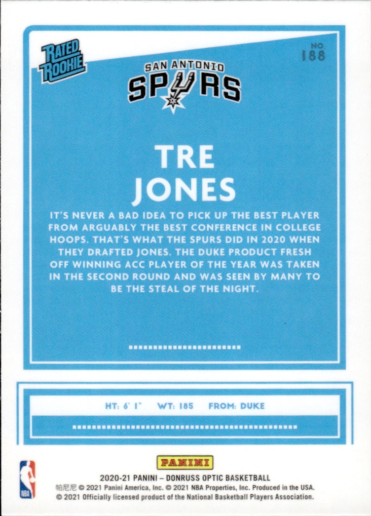 2020-21 Panini Donruss Optic Basketball - Base - Rated Rookie #188 Tre Jones - San Antonio Spurs