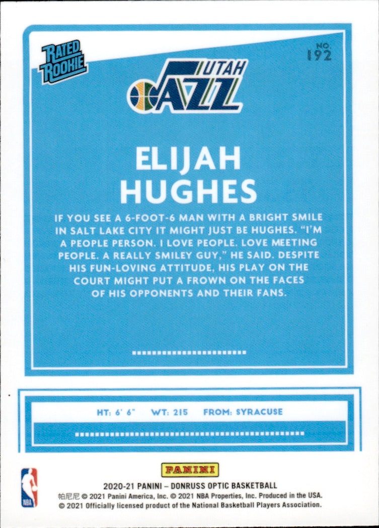 2020-21 Panini Donruss Optic Basketball - Base - Rated Rookie #192 Elijah Hughes - Utah Jazz