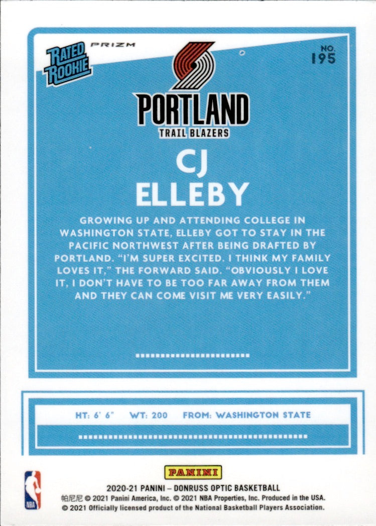 2020-21 Panini Donruss Optic Basketball Rated - Base - Rookie #195 CJ Elleby - Portland Trail Blazers