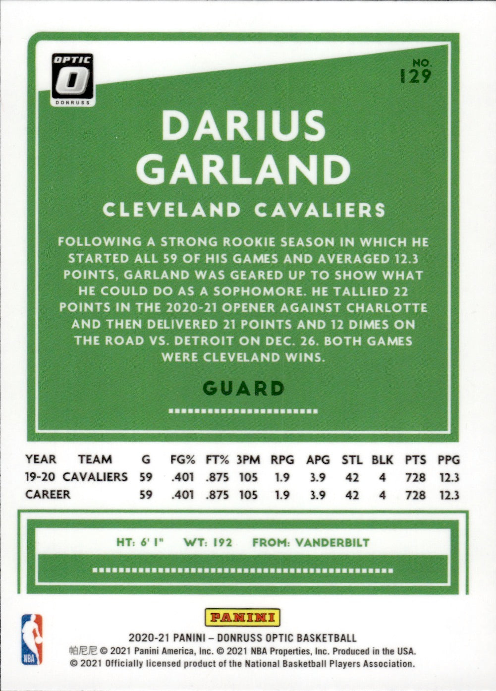 2020-21 Panini Donruss Optic Basketball - Base #129 Darius Garland - Cleveland Cavaliers