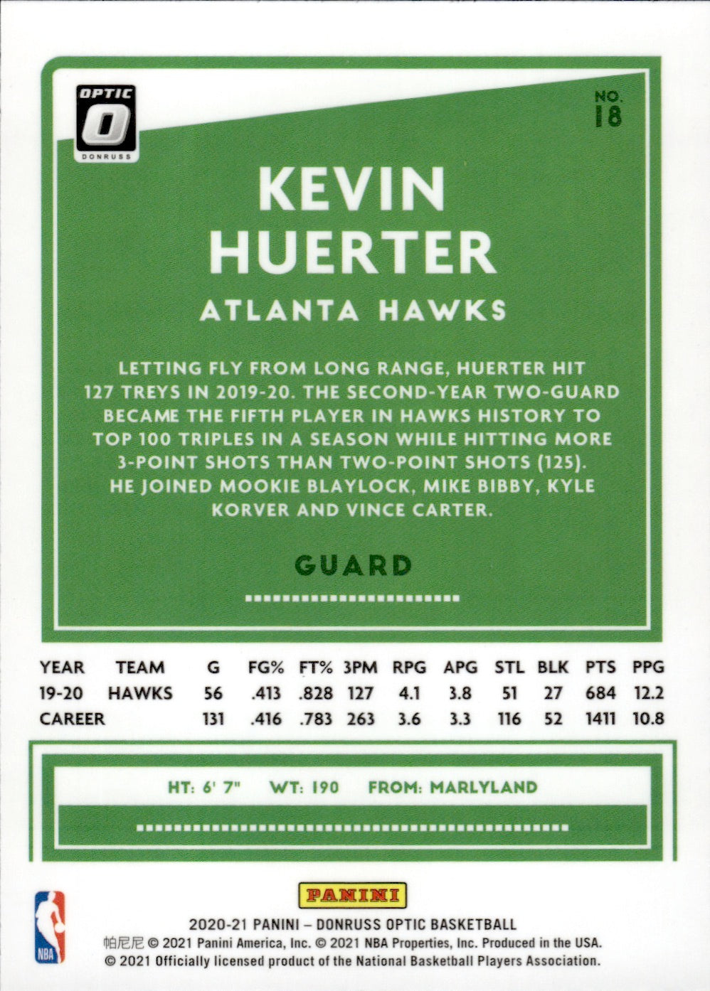 2020-21 Panini Donruss Optic Basketball - Base #18 Kevin Huerter - Atlanta Hawks