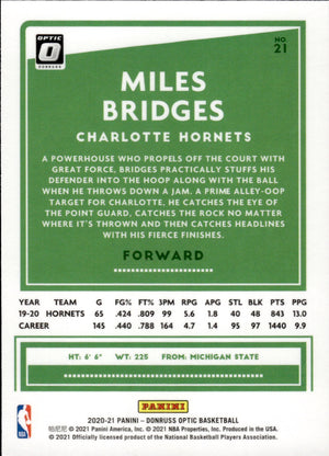 2020-21 Panini Donruss Optic Basketball - Base #21 Miles Bridges - Charlotte Hornets