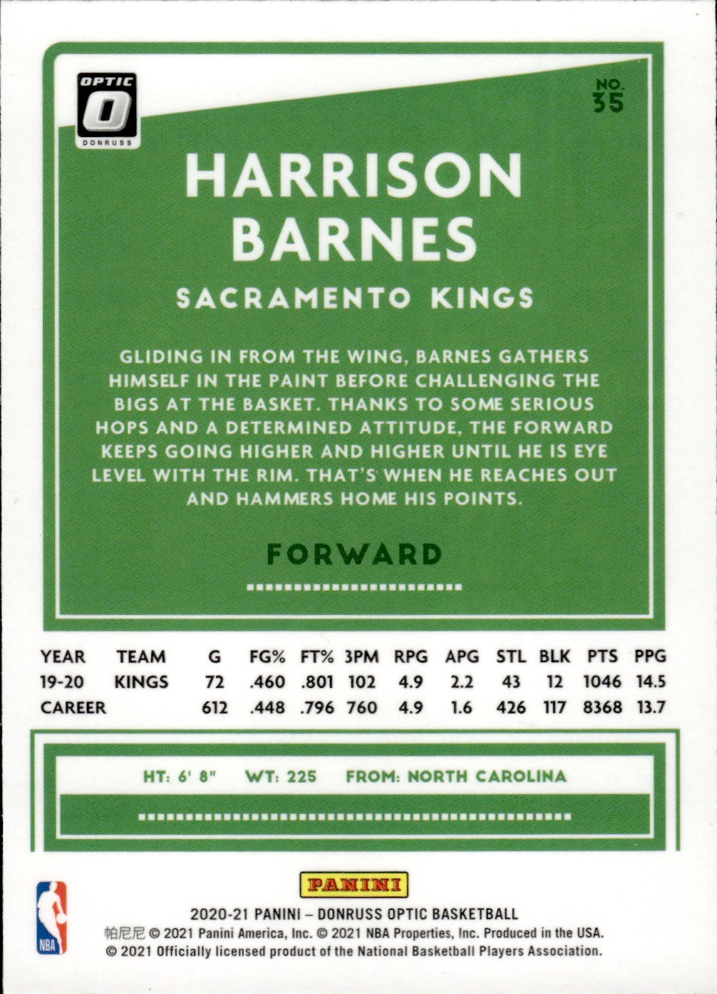 2020-21 Panini Donruss Optic Basketball - Base #35 Harrison Barnes - Sacramento Kings