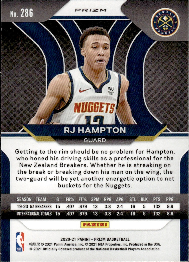 2020-21 Panini Prizm Basketball Prizm Red White & Blue #286 RJ Hampton - Denver Nuggets