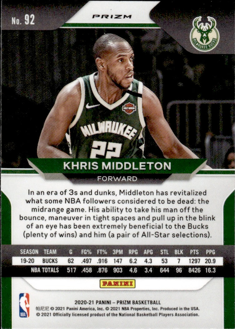 2020-21 Panini Prizm Basketball Prizm Silver #92 Khris Middleton - Milwaukee Bucks