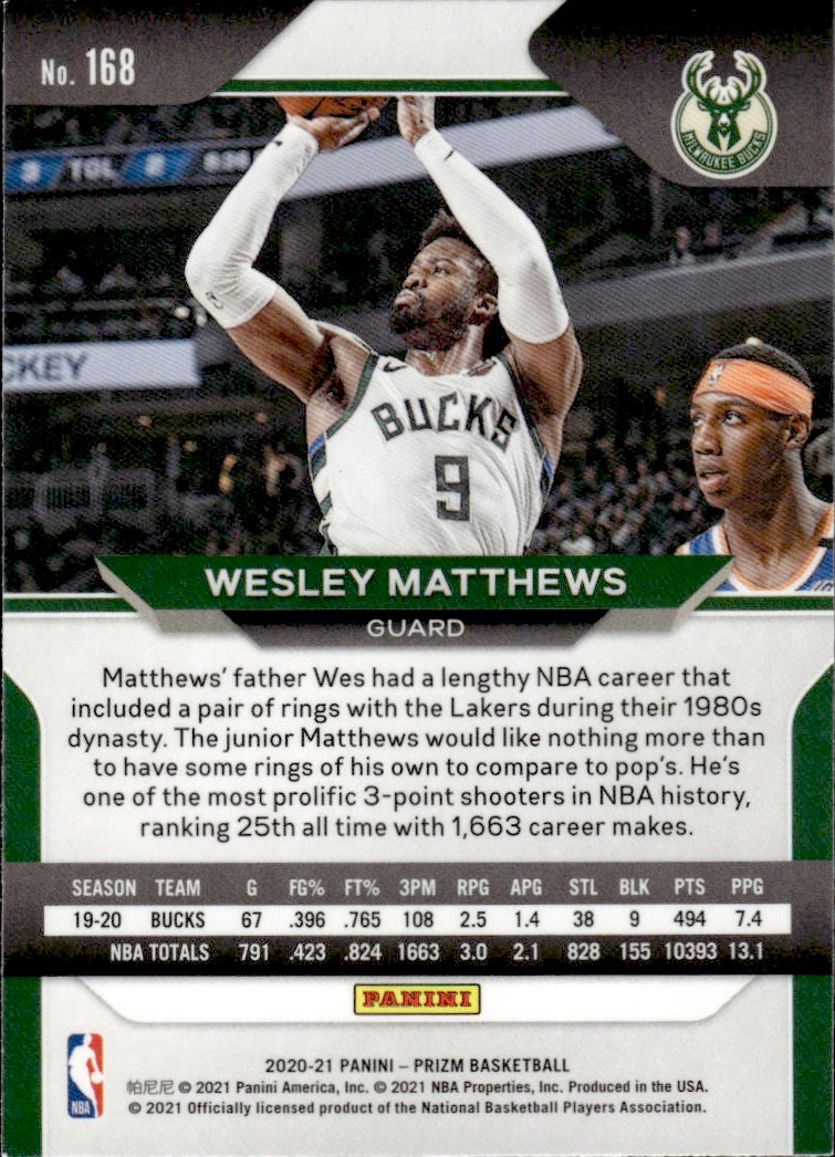 2020-21 Panini Prizm Basketball - Base #168 Wesley Matthews - Milwaukee Bucks