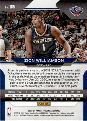 2020-21 Panini Prizm Basketball - Base #185 Zion Williamson - New Orleans Pelicans