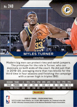 2020-21 Panini Prizm Basketball - Base #240 Myles Turner - Indiana Pacers