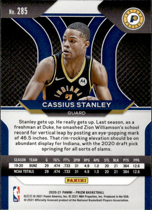 2020-21 Panini Prizm Basketball - Base - Rookie #285 Cassius Stanley - Indiana Pacers