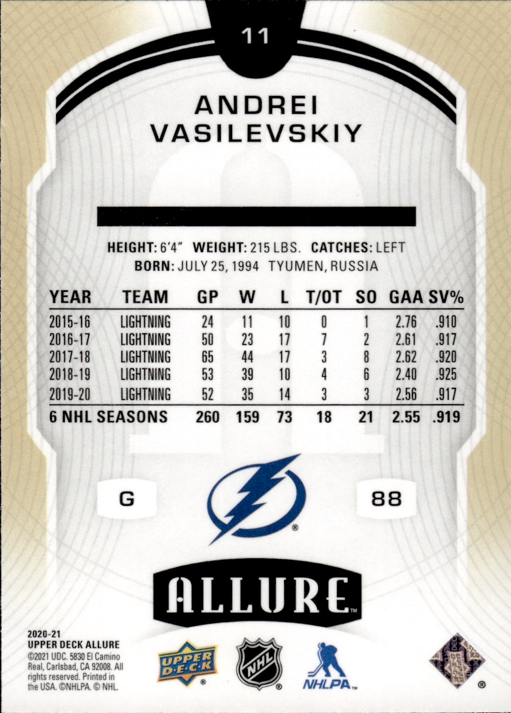 2020-21 Upper Deck Allure Hockey Base - #11 Andrei Vasilevskiy - Tampa Bay Lightning