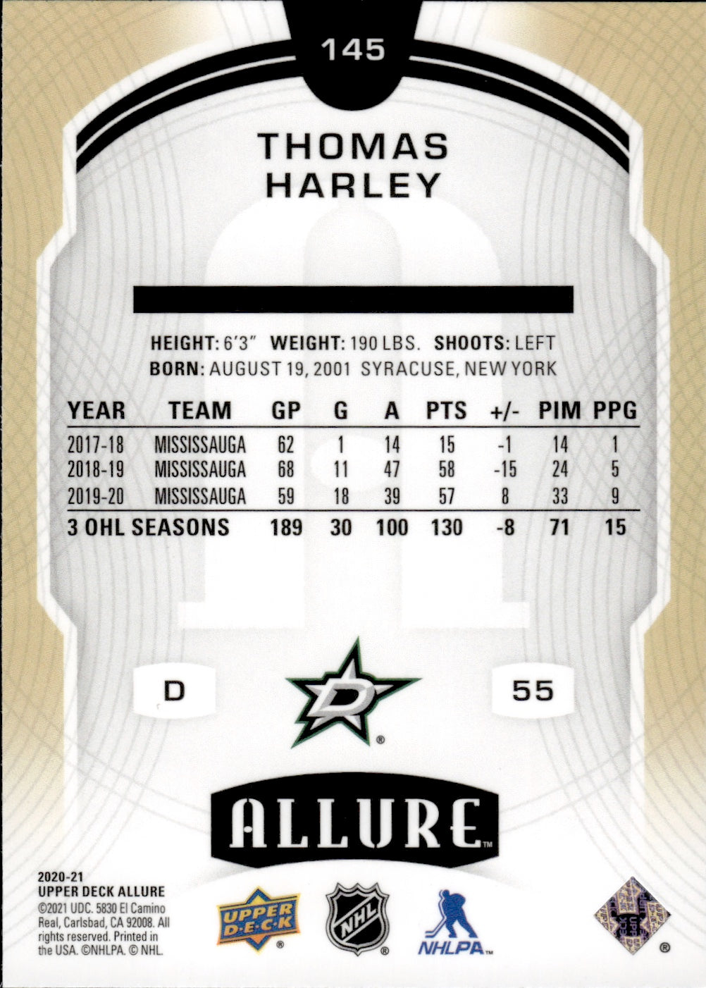 2020-21 Upper Deck Allure Hockey Rookie SPs #145 Thomas Harley - Dallas Stars