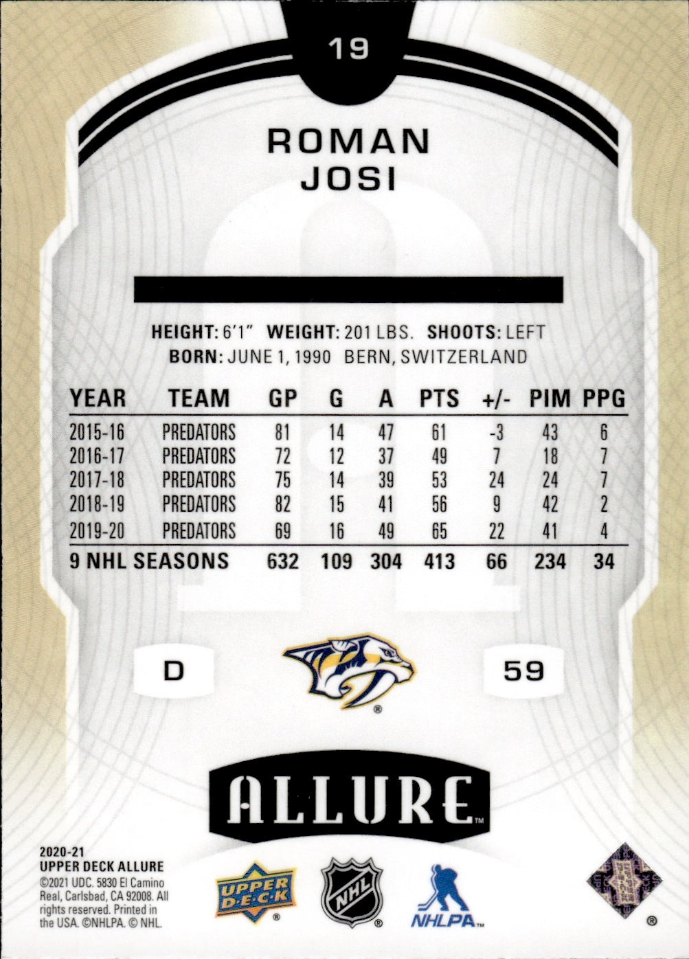 2020-21 Upper Deck Allure Hockey - Base #19 Roman Josi - Nashville Predators