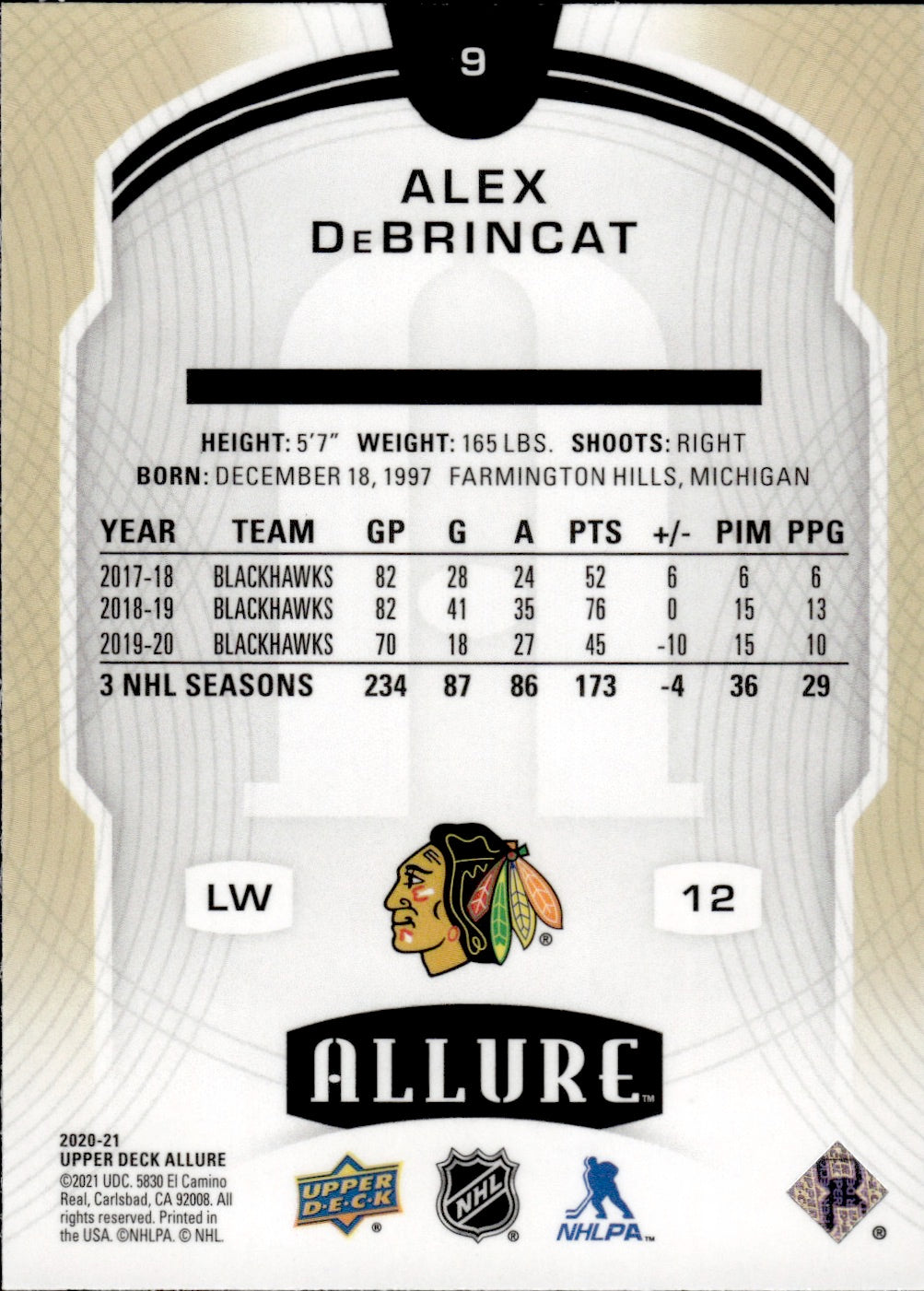 2020-21 Upper Deck Allure Hockey Base #9 Alex DeBrincat - Chicago Blackhawks