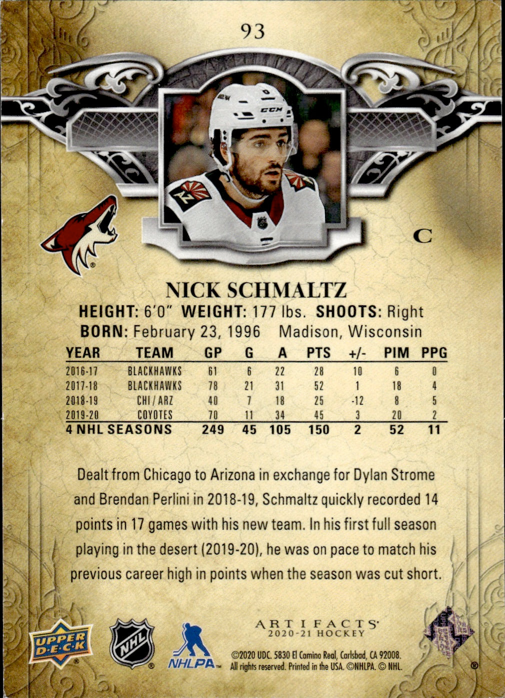 2020-21 Upper Deck Artifacts Hockey Blue Sapphire Base /499 #94 Nick Schmaltz - Arizona Coyotes