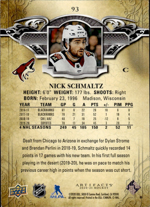 2020-21 Upper Deck Artifacts Hockey Blue Sapphire Base /499 #94 Nick Schmaltz - Arizona Coyotes