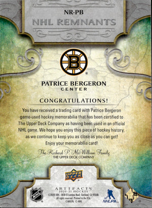 2020-21 Upper Deck Artifacts Hockey NHL Remnants Jersey #NR-PB Patrice Bergeron - Boston Bruins