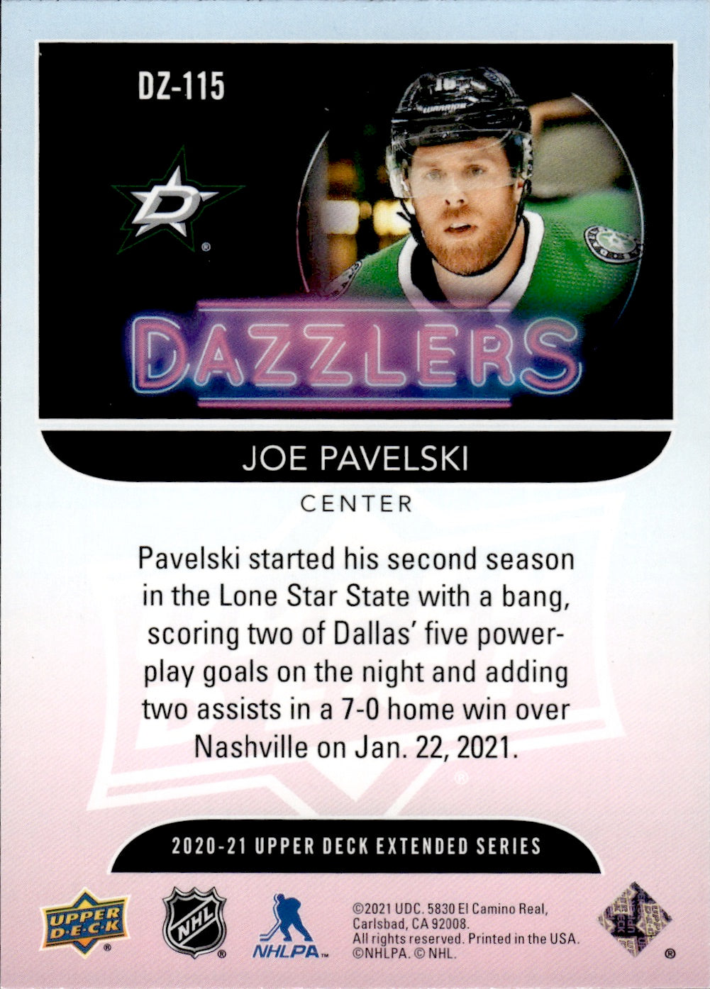 2020-21 Upper Deck Extended Series Hockey Dazzlers Orange #DZ-115 Joe Pavelski - Dallas Stars