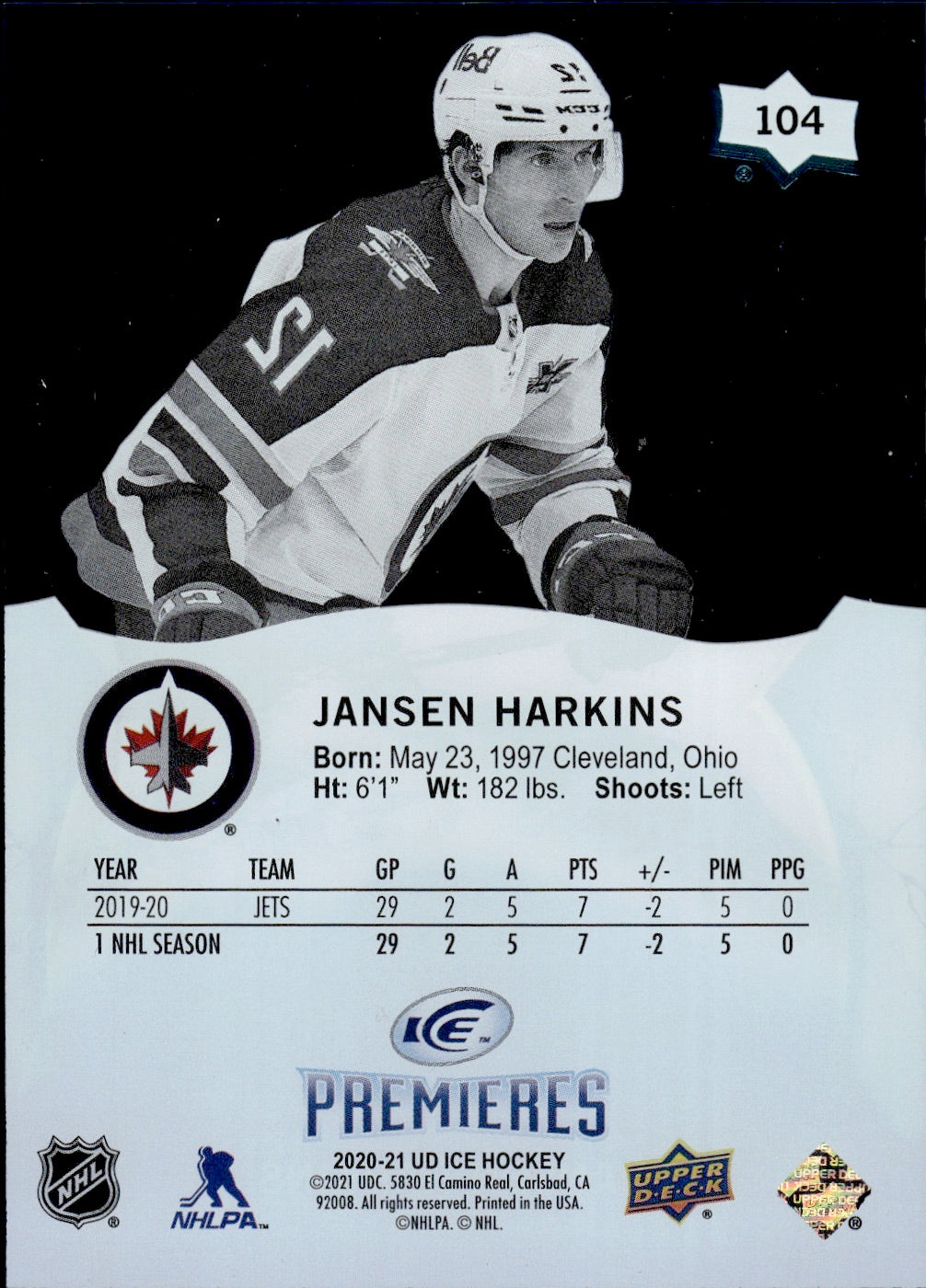 2020-21 Upper Deck Ice Hockey Ice Premiers /1299 #104 Jansen Harkins - Winnipeg Jets