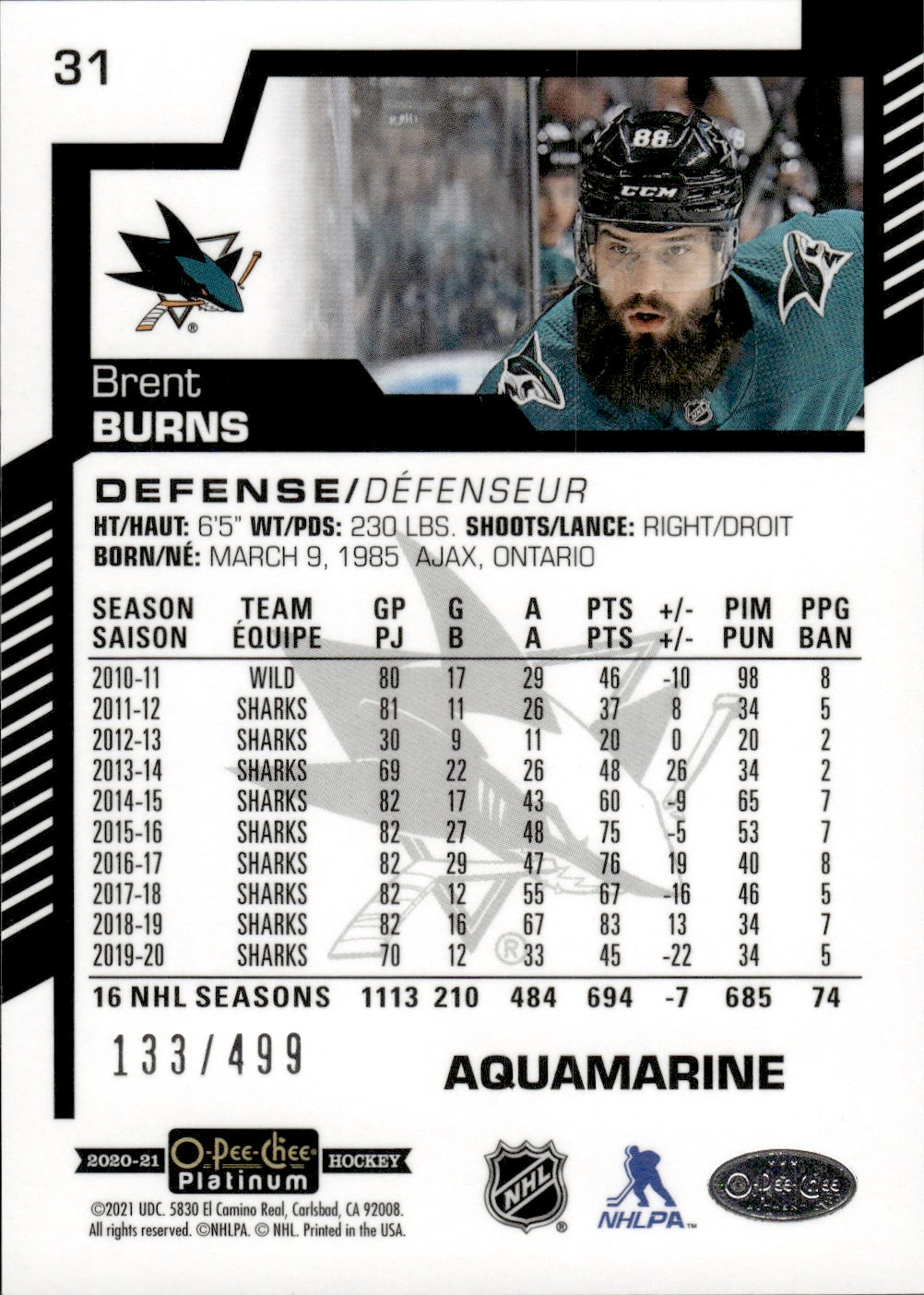 2020-21 Upper Deck O-Pee-Chee Platinum Hockey - Base - Aquamarine /499 #31 Brent Burns - San Jose Sharks