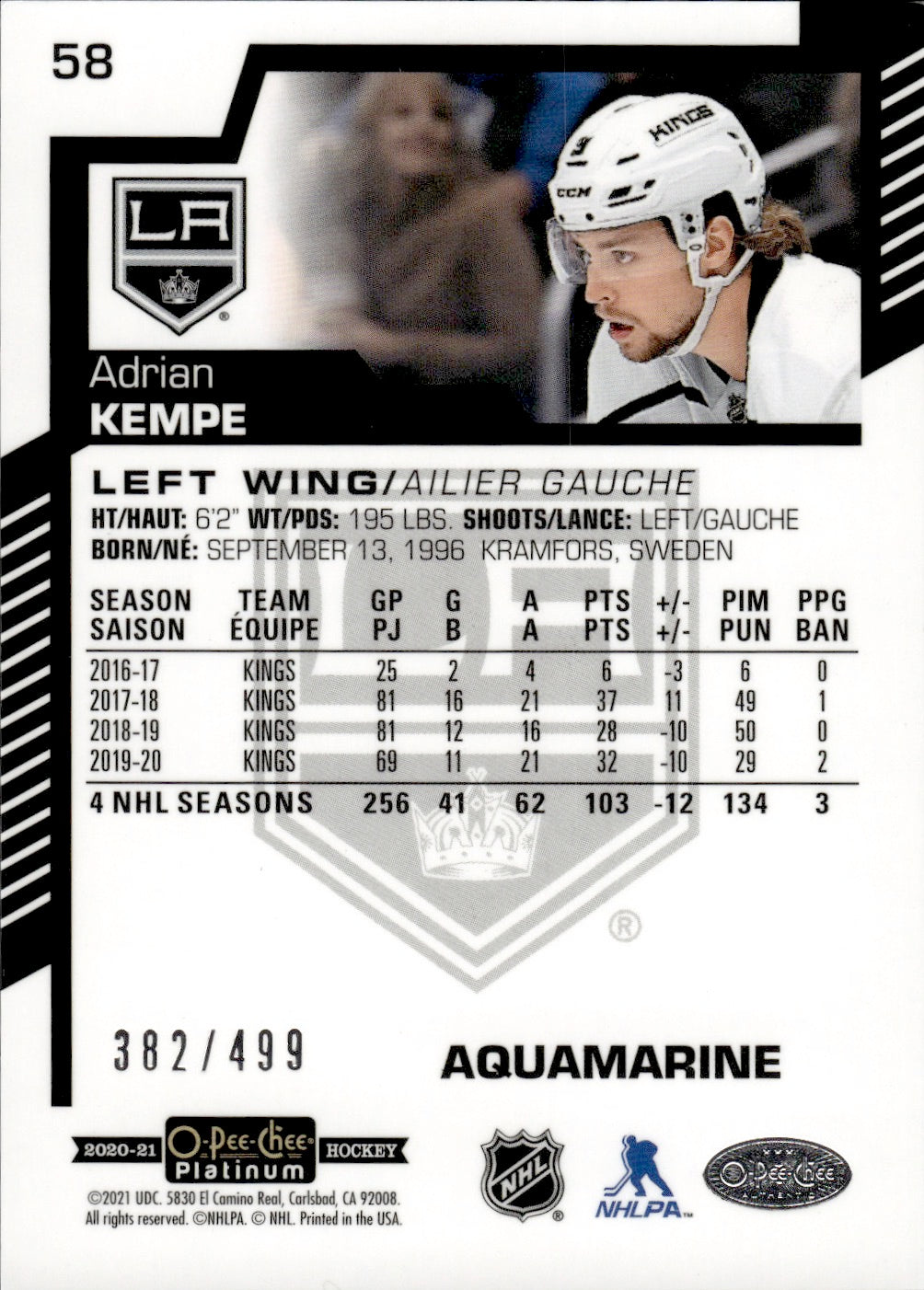 2020-21 Upper Deck O-Pee-Chee Platinum Hockey - Base - Aquamarine /499 #58 Adrian Kempe - Los Angles Kings