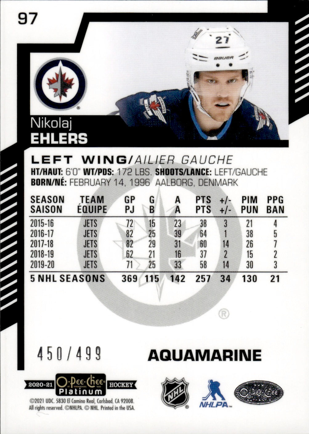 2020-21 Upper Deck O-Pee-Chee Platinum Hockey - Base - Aquamarine /499 #97 Nikolaj Ehlers - Winnipeg Jets