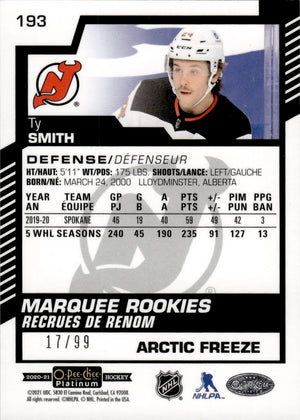 2020-21 Upper Deck O-Pee-Chee Platinum Hockey - Base - Marquee Rookies - Arctic Freeze /99 #193 Ty Smith - New Jersey Devils