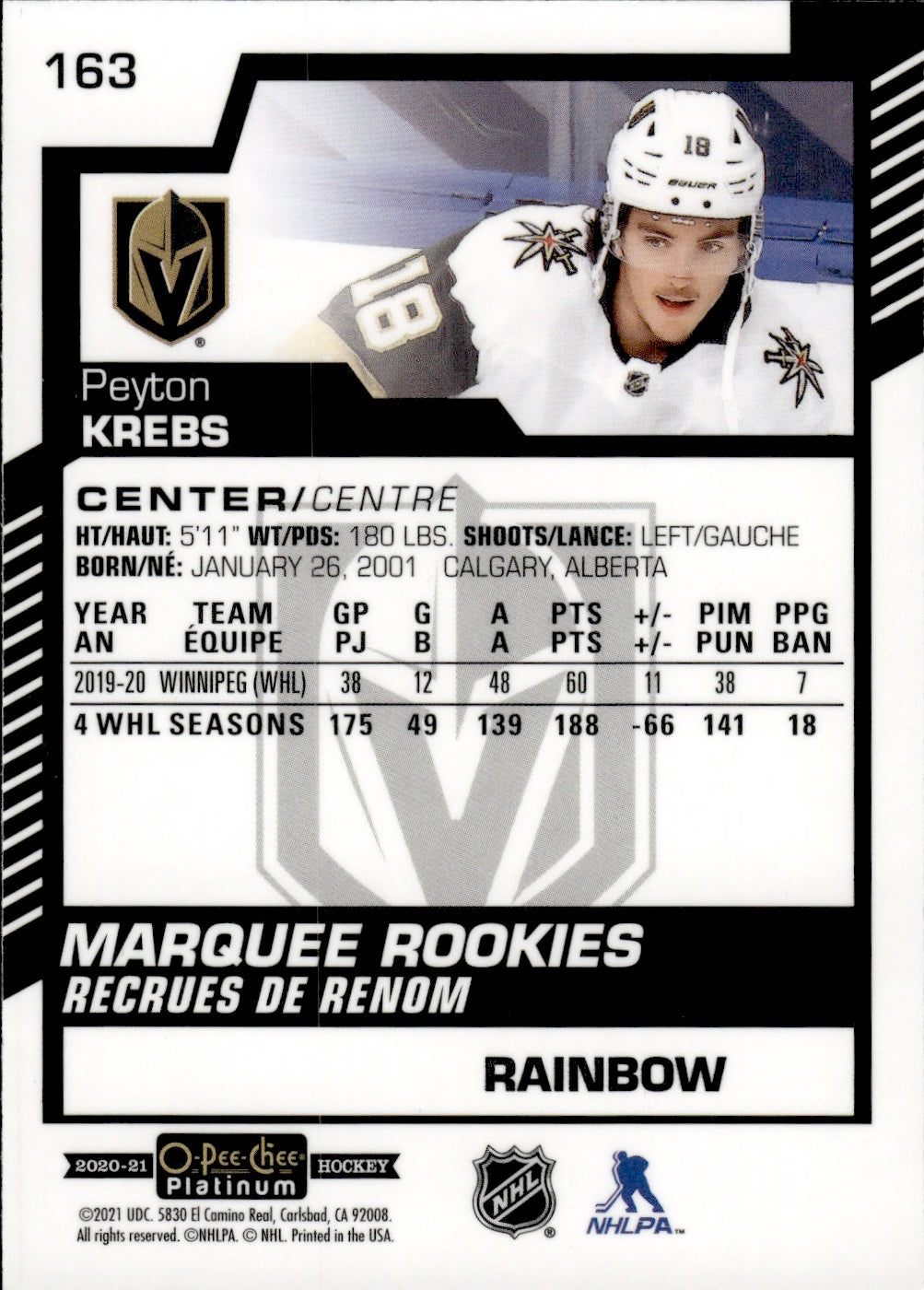 2020-21 Upper Deck O-Pee-Chee Platinum Hockey - Base - Marquee Rookies - Rainbow #163 Peyton Krebs - Vegas Golden Knights