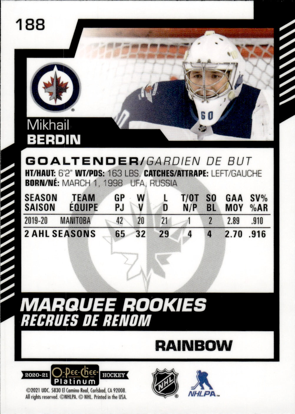 2020-21 Upper Deck O-Pee-Chee Platinum Hockey - Base - Marquee Rookies - Rainbow #188 Mikhail Berdin - Winnipeg Jets