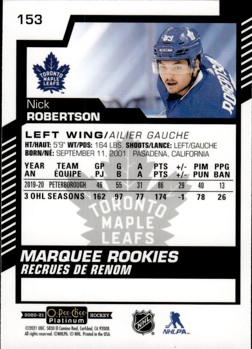 2020-21 Upper Deck O-Pee-Chee Platinum Hockey - Base - Marquee Rookies #153 Nick Robertson - Toronto Maple Leafs