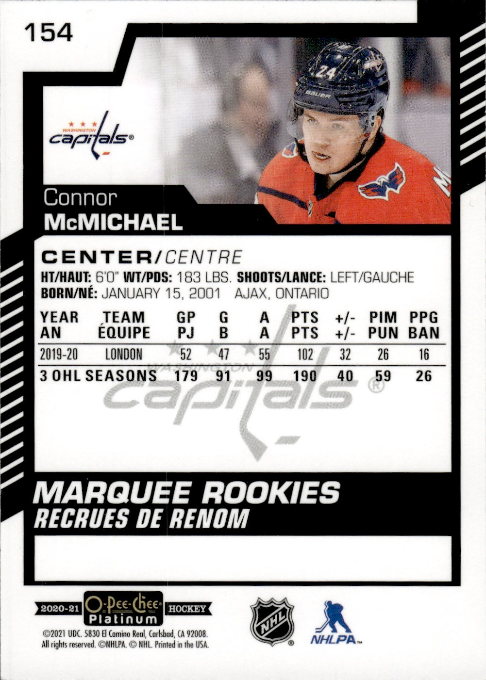 2020-21 Upper Deck O-Pee-Chee Platinum Hockey - Base - Marquee Rookies #154 Connor McMichael - Washington Capitals