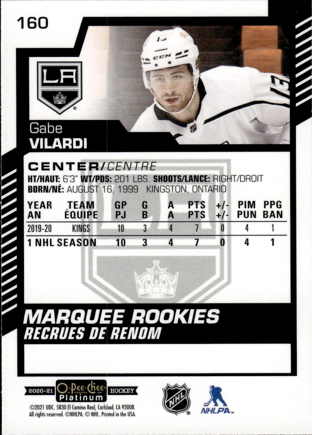 2020-21 Upper Deck O-Pee-Chee Platinum Hockey - Base - Marquee Rookies #160 Gabe Vilardi - Los Angeles Kings