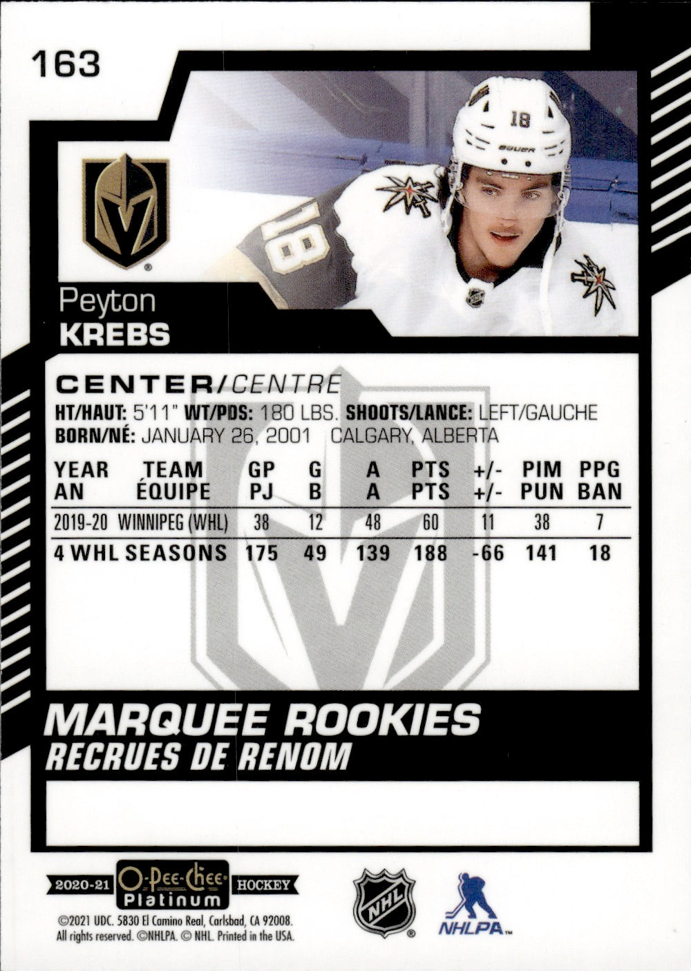 2020-21 Upper Deck O-Pee-Chee Platinum Hockey - Base - Marquee Rookies #163 Peyton Krebs - Vegas Golden Knights