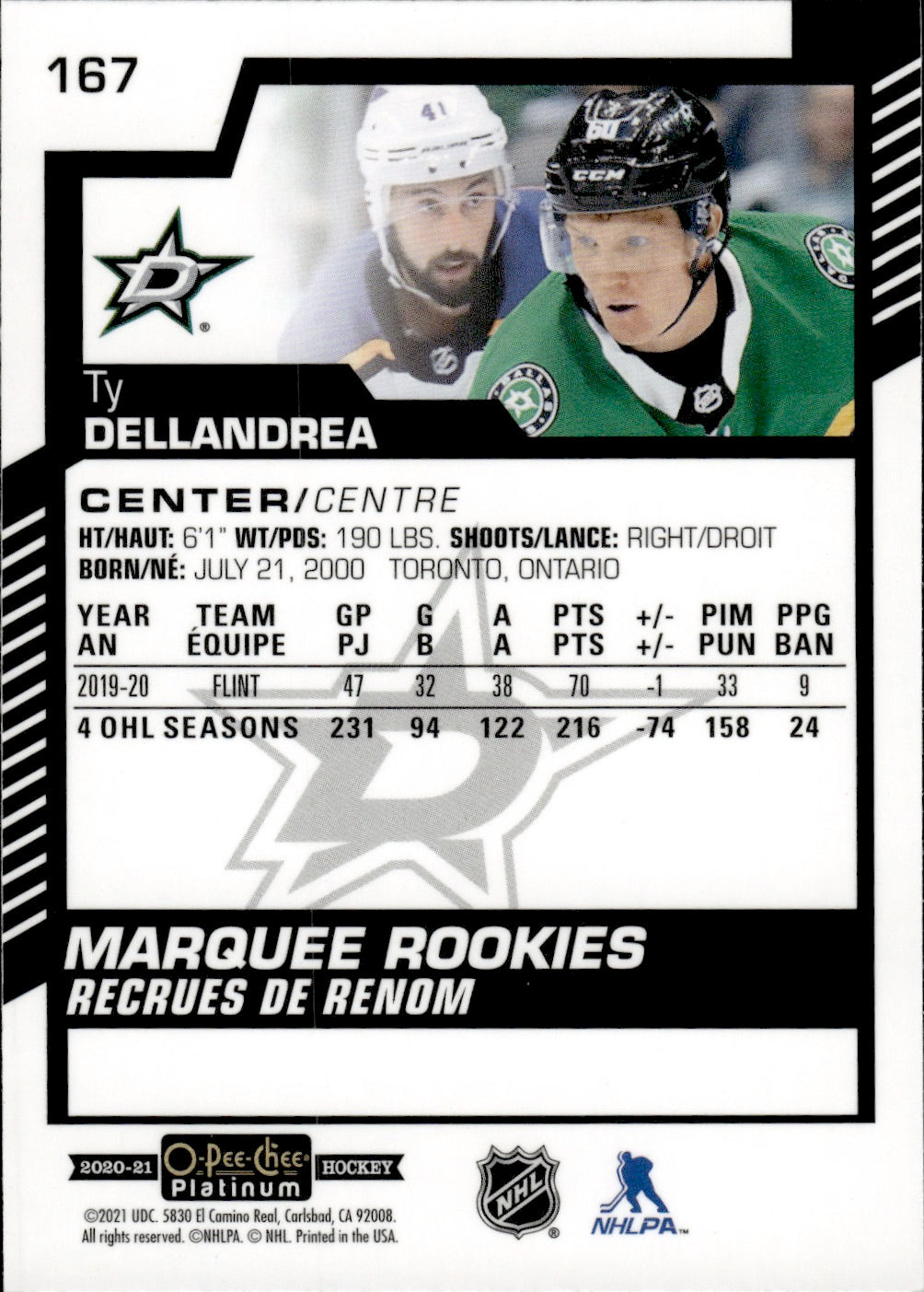 2020-21 Upper Deck O-Pee-Chee Platinum Hockey - Base - Marquee Rookies #167 Ty Dellandrea - Dallas Stars