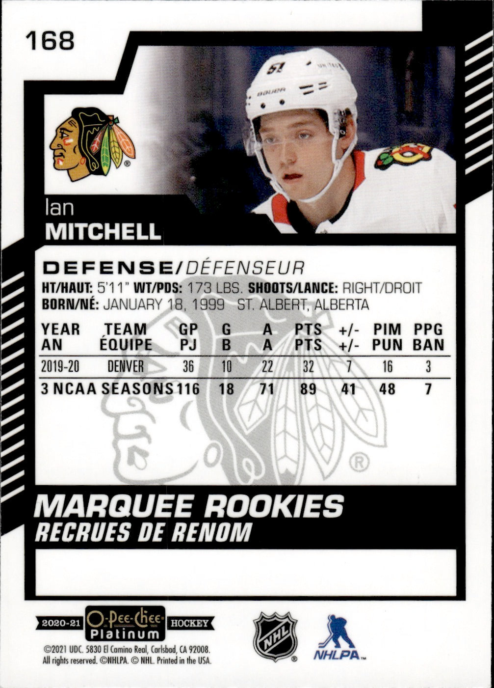 2020-21 Upper Deck O-Pee-Chee Platinum Hockey - Base - Marquee Rookies #168 Ian Mitchell - Chicago Blackhawks