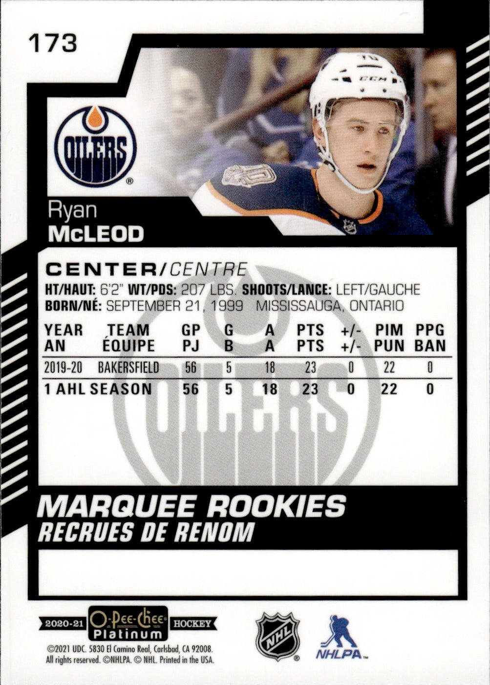 2020-21 Upper Deck O-Pee-Chee Platinum Hockey - Base - Marquee Rookies #173 Ryan McLeod - Edmonton Oilers