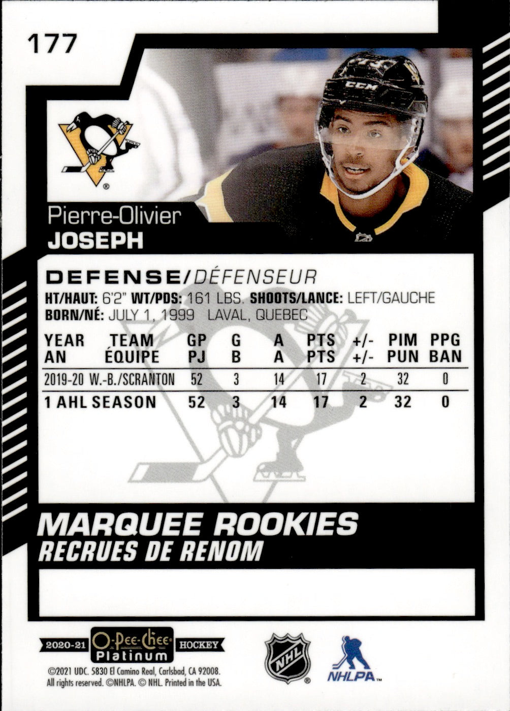 2020-21 Upper Deck O-Pee-Chee Platinum Hockey - Base - Marquee Rookies #177 Pierre-Olivier Joseph - Pittsburgh Penguins