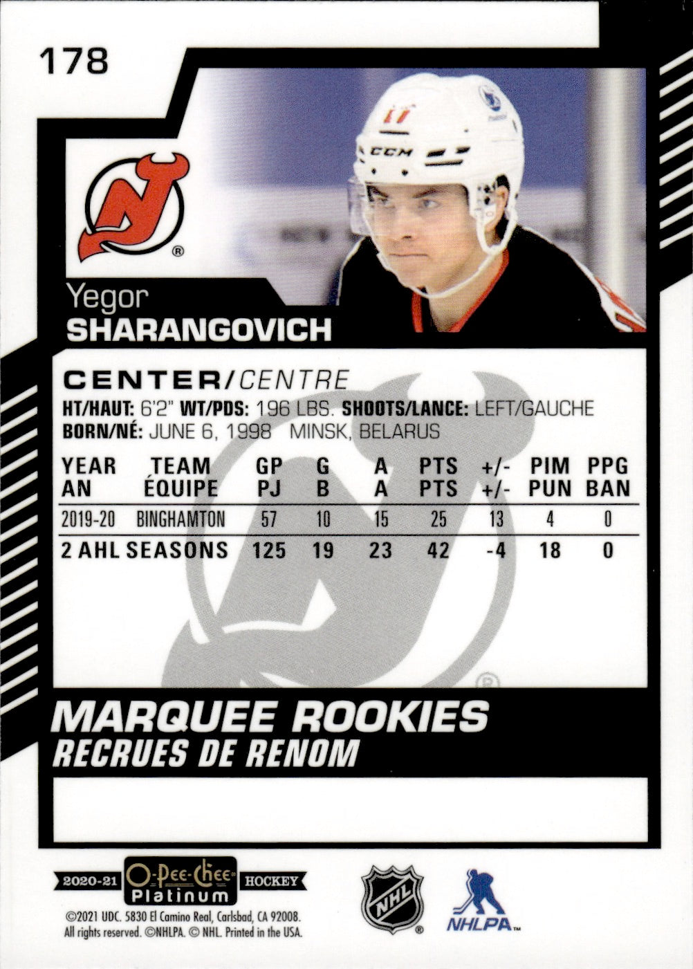 2020-21 Upper Deck O-Pee-Chee Platinum Hockey - Base - Marquee Rookies #178 Yegor Sharangovich - New Jersey Devils