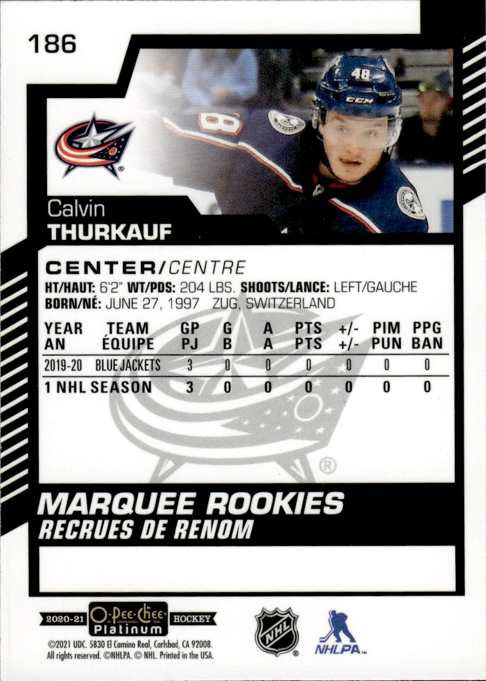 2020-21 Upper Deck O-Pee-Chee Platinum Hockey - Base - Marquee Rookies #186 Calvin Thurkauf - Columbus Blue Jackets