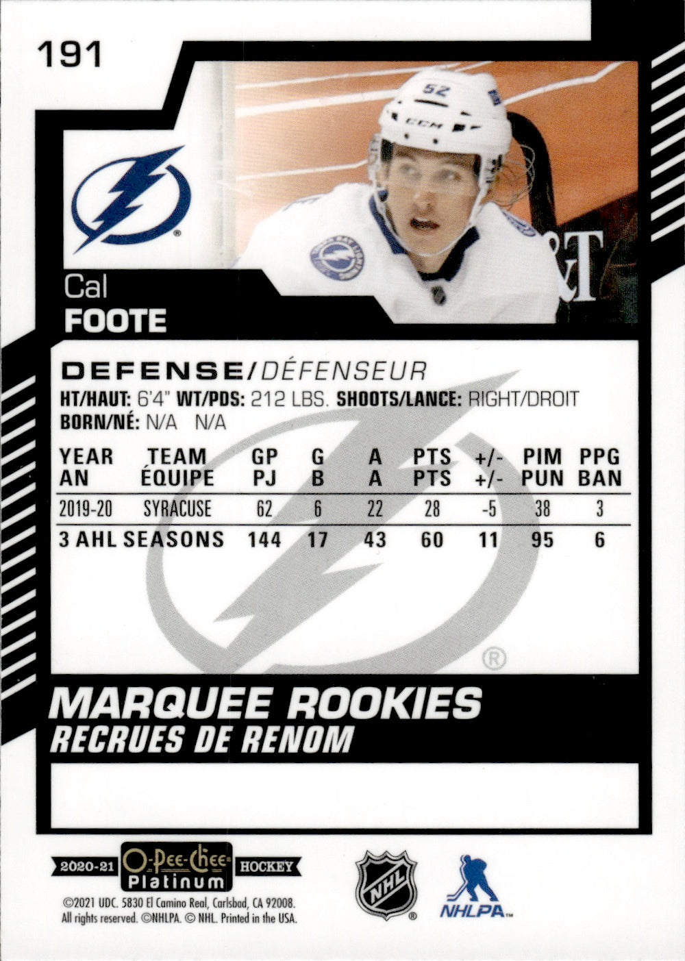 2020-21 Upper Deck O-Pee-Chee Platinum Hockey - Base - Marquee Rookies #191 Cal Foote - Tampa Bay Lightning