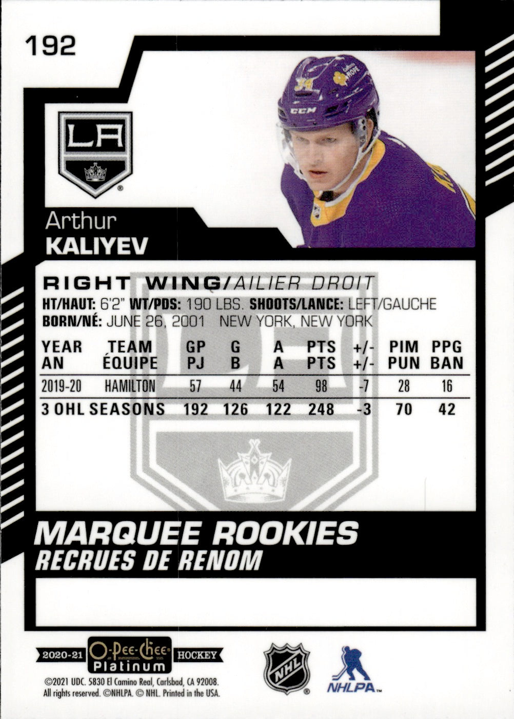 2020-21 Upper Deck O-Pee-Chee Platinum Hockey - Base - Marquee Rookies #192 Arthur Kaliyev - Los Angeles Kings