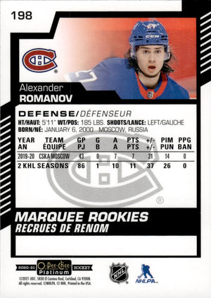 2020-21 Upper Deck O-Pee-Chee Platinum Hockey - Base - Marquee Rookies #198 Alexander Romanov - Montreal Canadiens