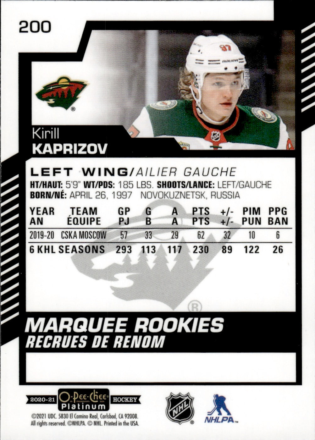 2020-21 Upper Deck O-Pee-Chee Platinum Hockey - Base - Marquee Rookies #200 Kirill Kaprizov - Minnesota Wild