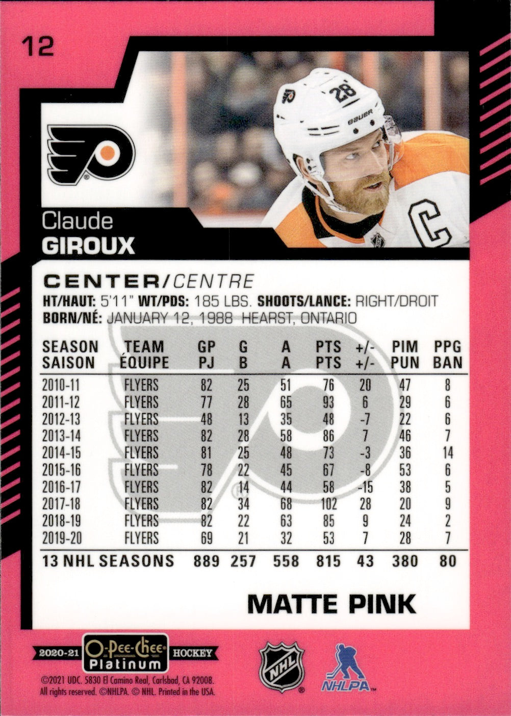 2020-21 Upper Deck O-Pee-Chee Platinum Hockey - Base - Matte Pink #12 Claude Giroux - Philadelphia Flyers