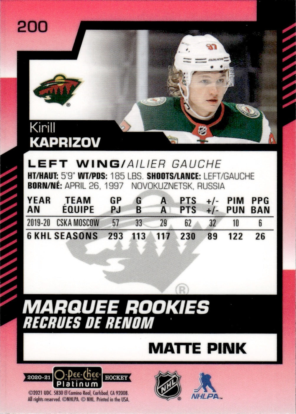 2020-21 Upper Deck O-Pee-Chee Platinum Hockey - Base - Matte Pink #200 Kirill Kaprizov - Minnesota Wild