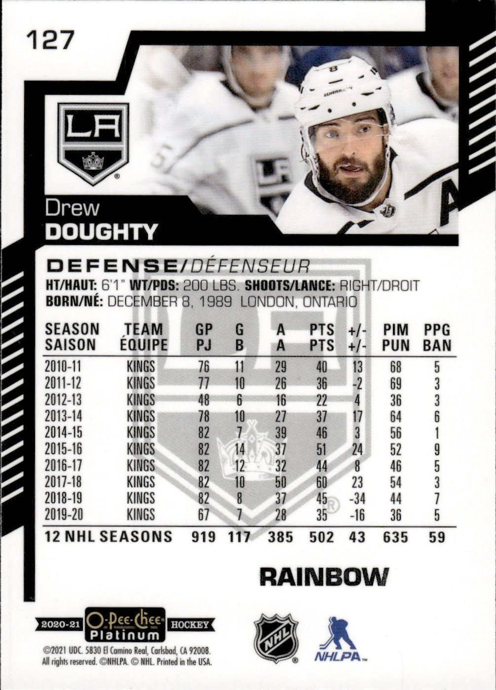 2020-21 Upper Deck O-Pee-Chee Platinum Hockey - Base - Rainbow #127 Drew Doughty - Los Angeles Kings