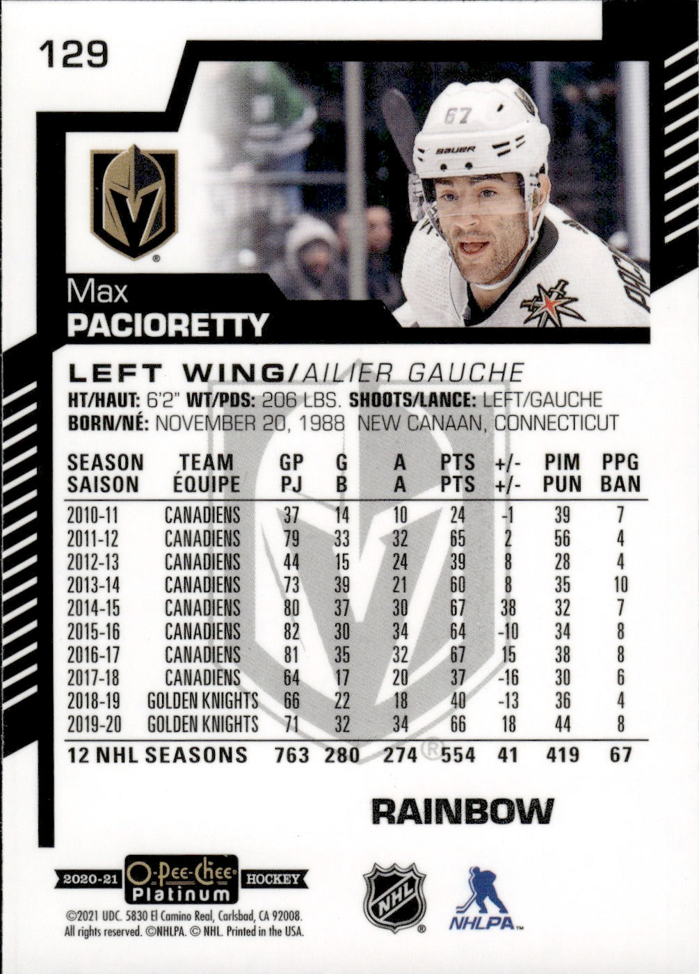 2020-21 Upper Deck O-Pee-Chee Platinum Hockey - Base - Rainbow #129 Max Pacioretty - Vegas Golden Knights