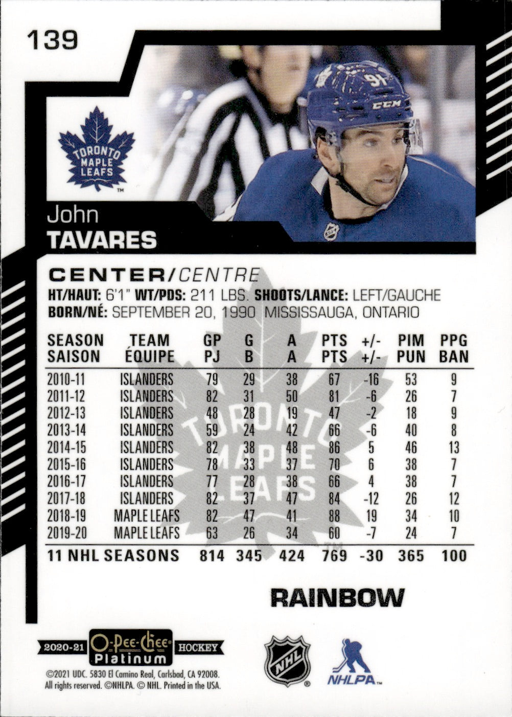 2020-21 Upper Deck O-Pee-Chee Platinum Hockey - Base - Rainbow #139 John Tavares - Toronto Maple Leafs