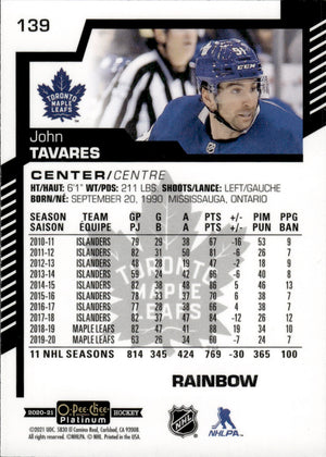 2020-21 Upper Deck O-Pee-Chee Platinum Hockey - Base - Rainbow #139 John Tavares - Toronto Maple Leafs