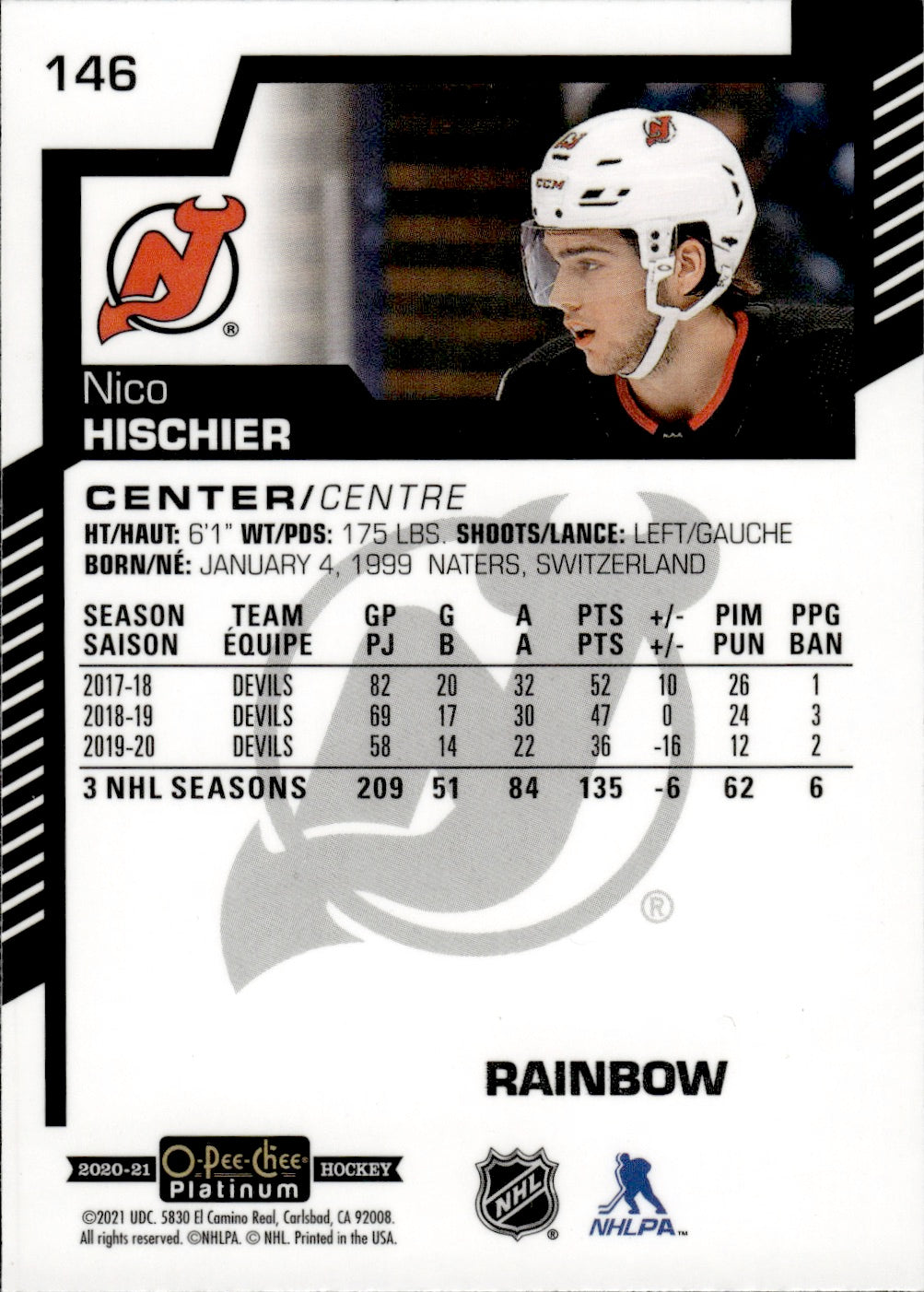 2020-21 Upper Deck O-Pee-Chee Platinum Hockey - Base - Rainbow #146 Nico Hischier - New Jersey Devils